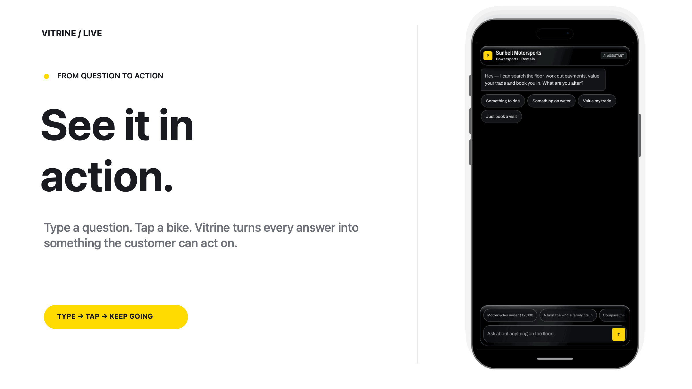 Animated capture: a customer types a question, taps a bike card, and continues the conversation — shown in the Pale tenant theme in dark mode.