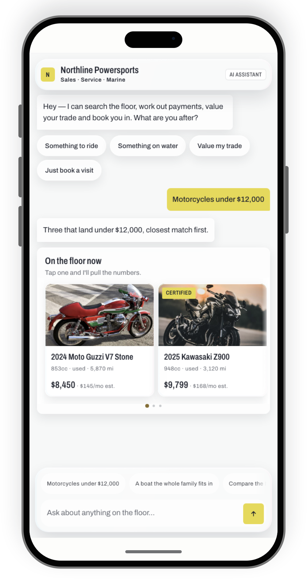 The inventory carousel on an iPhone: typed unit cards with real photography, prices and monthly estimates.