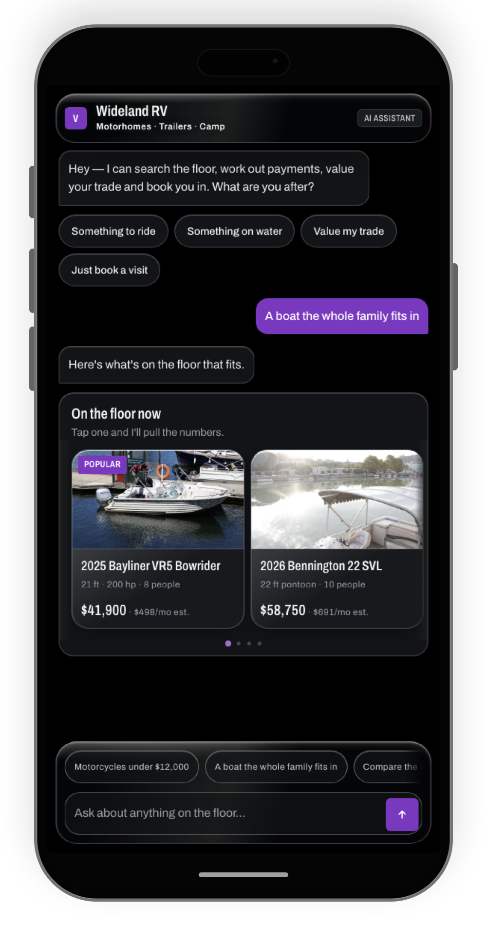 The widget re-skinned for an RV dealership: violet accent, dark mode, marine and RV inventory.